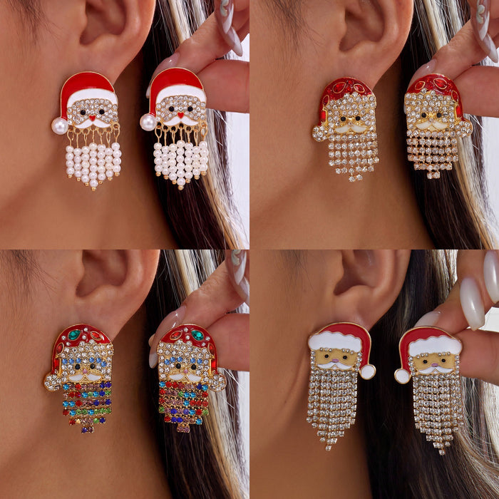Wholesale Christmas Santa Hat Tassel Earrings Pearl Rhinestone Long Drop Alloy Jewelry Accessory for Holiday Party