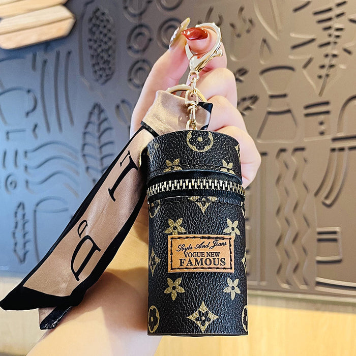 Wholesale New Creative Bucket Leather Keychain Cylinder Lipstick Storage Mini Portable Storage Bag