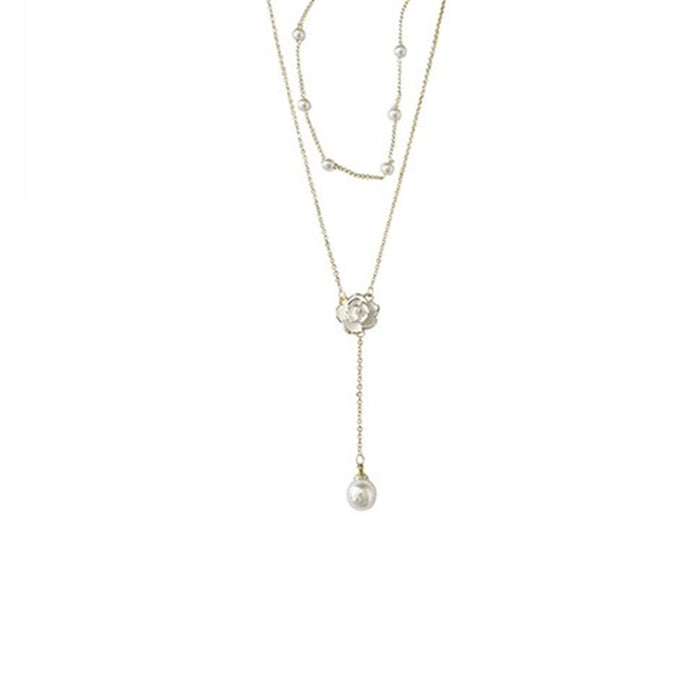 Wholesale double tassel pearl necklace female super fairy temperament Camellia clavicle chain necklace