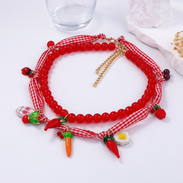 Wholesale beaded rope alloy glass three-dimensional fruit pendant necklace