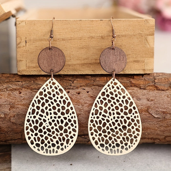 Wholesale Vintage hollowed out spider web spliced wood veneer earrings and earrings