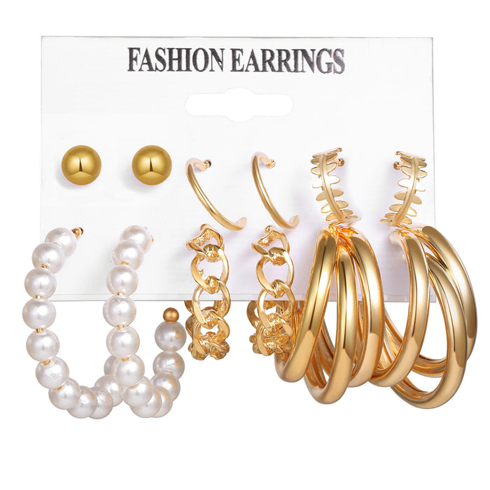 Wholesale 6-piece geometric pearl and diamond statement earring set