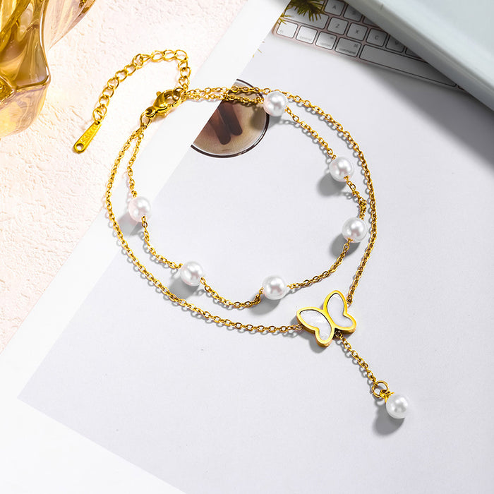Wholesale Double-layer pearl butterfly pendant anklet
