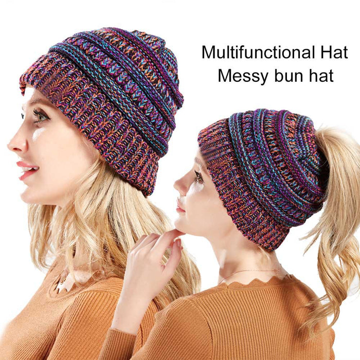 Wholesale Winter Multicolor knitted hat for women with a ponytail opening.