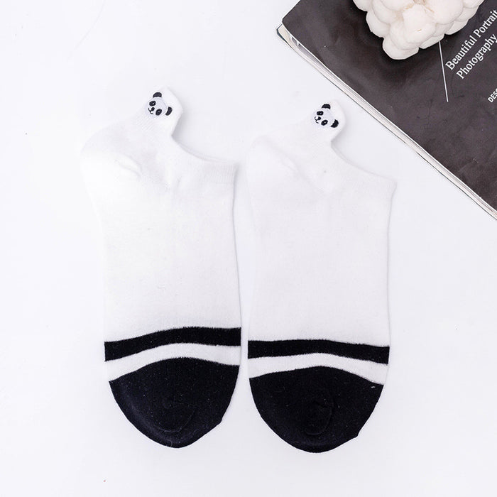 Wholesale Embroidered invisible socks, black and white striped boat socks, cartoon cotton short tube socks