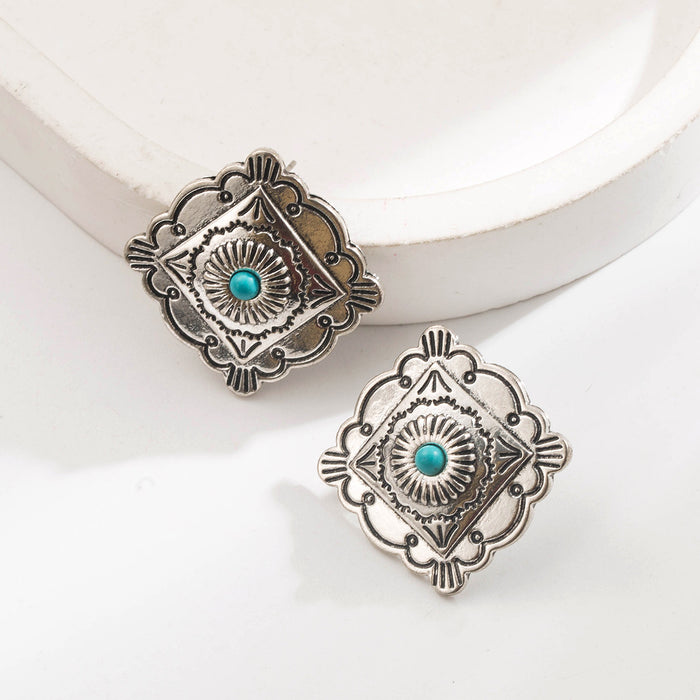 Wholesale Turquoise Inlaid Square Earrings Western Cowboy Style Chic Everyday Jewelry