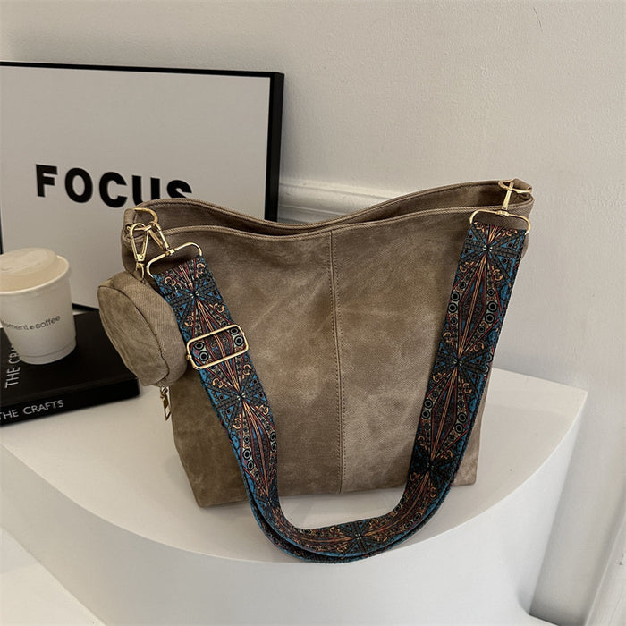 Wholesale Vintage Khaki PU Bucket Bag Large Street Trend Shoulder Crossbody Handbag
