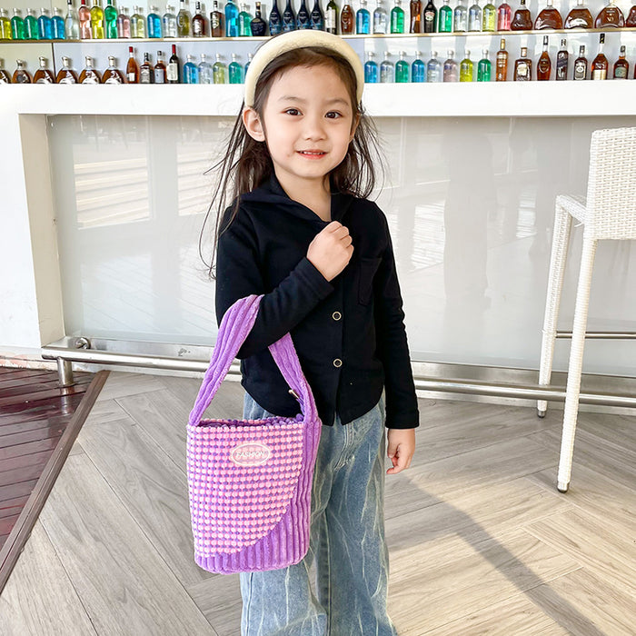 Wholesale Corduroy Children's Bag Fashion Contrast Color Casual Handheld Shoulder Bucket Bag  JDC-HB-YuanDuo006