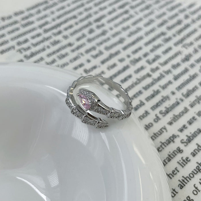 Wholesale S925 Sterling Silver Light Luxury Flash Diamond Snake Ring Unique Pink Zircon Finger Ring Exquisite