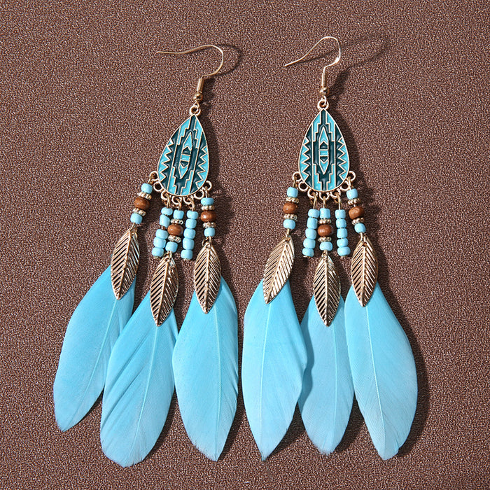 Wholesale Water Drop Tassel Feather Earrings Women's Long Bohemian Rice Beads Earrings Tourism Vacation Accessories