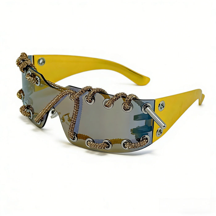 Wholesale Cyberpunk Rimless Rhinestone Sunglasses with Metal Rings and Rivets