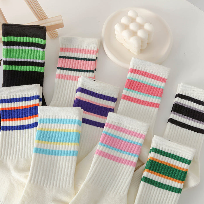 Wholesale Women's mid tube cotton socks, women's long socks with simple stripes, comfortable and breathable mid tube socks
