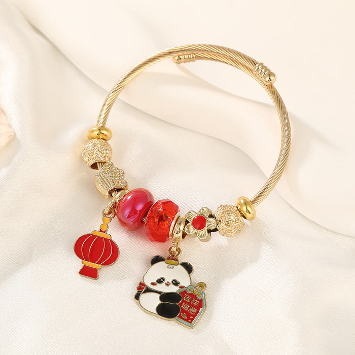 Wholesale Stainless Steel Cartoon Panda Bracelet with Red Lantern Pendant MOQ≥2