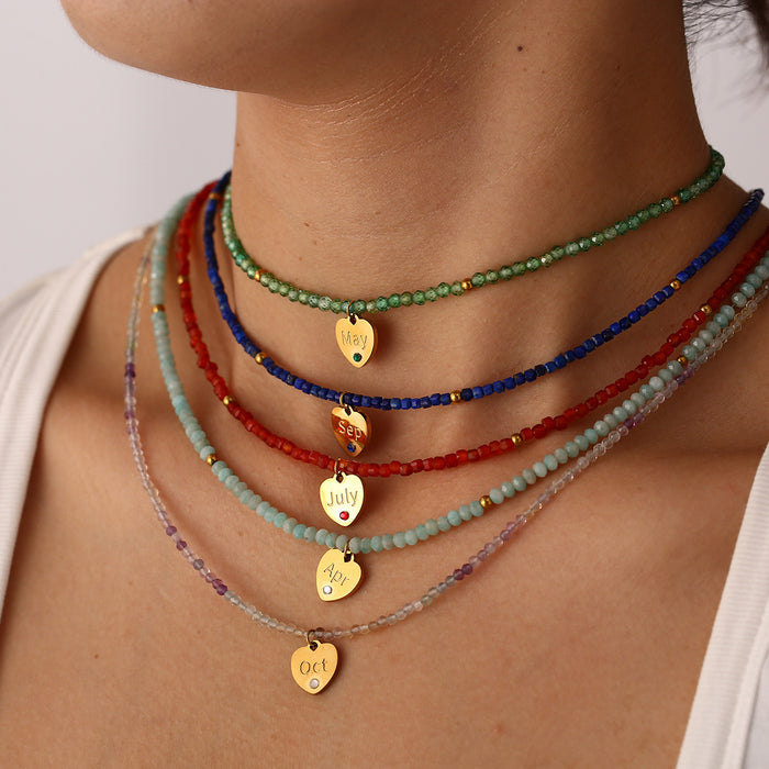 Wholesale New personalized multi-faceted natural stone necklace with stainless steel heart and diamond necklace color preservation