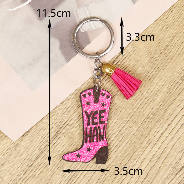 Wholesale Keychain Retro Western Distressed Cowboy Boots Cactus Cowboy Butterfly Pink Tassel