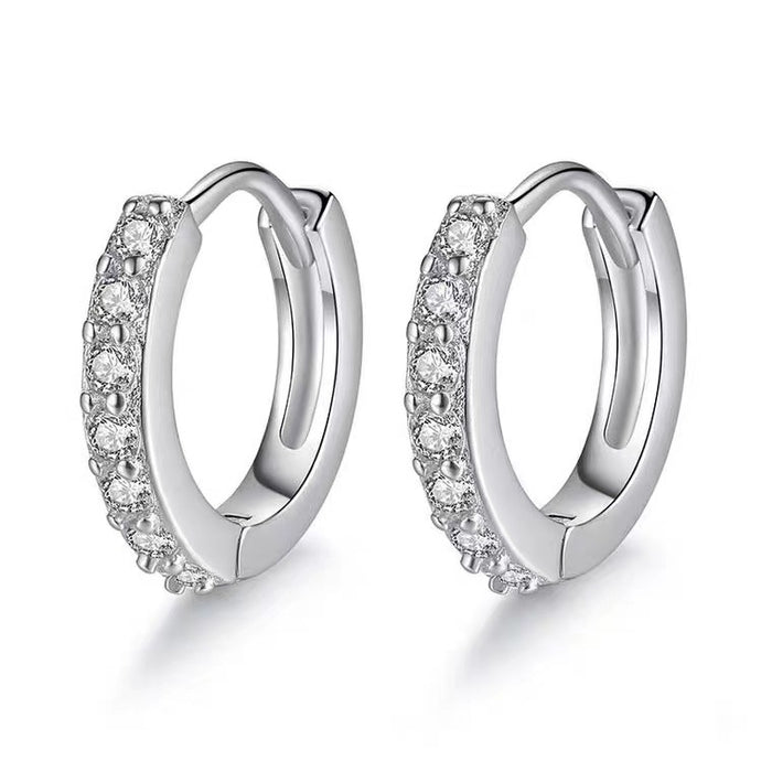 Wholesale Versatile silver plated sparkling diamond earrings with simple circular ear loops, exuding a sweet and feminine charm