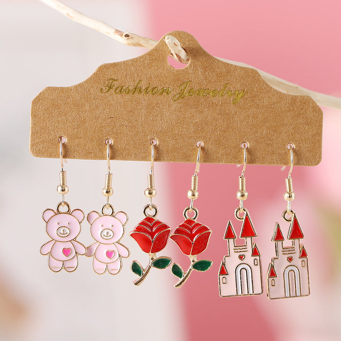 Wholesale Valentine' s Day Love Bear Rose Church Love Heartbeat Pendant Oil Dropping Earrings suit Earrings