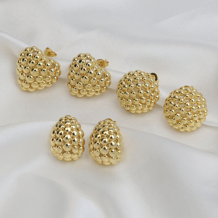 Wholesale 2PCS 18K Gold Brass Beads Grid Polished Heart Earrings JDC-ES-BaiYi026