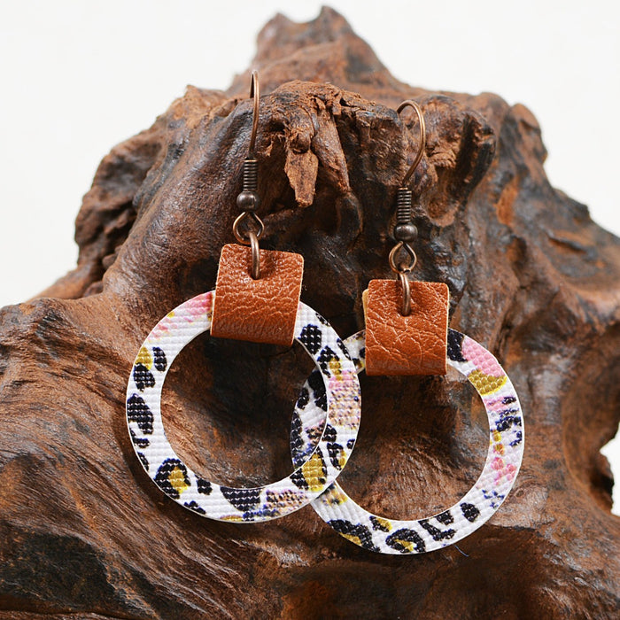 Wholesale Flower Leopard Print Western Style Hollow Round Leather Earrings JDC-ES-ChenC008