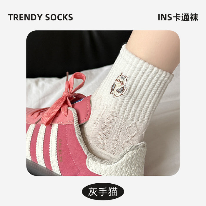 Wholesale Socks with cartoon striped embroidery, mid tube cotton socks, versatile socks