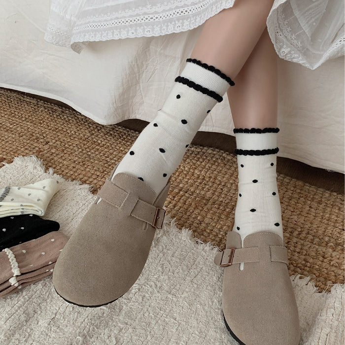Wholesale Lace socks, mid tube socks, pure cotton retro polka dot long socks, pile socks