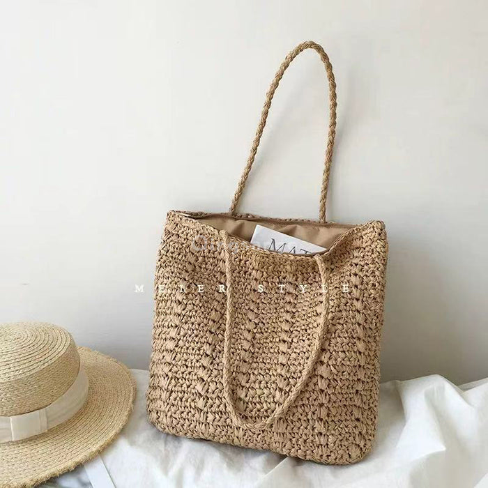 Wholesale Knitted women's simple handbag with large capacity, fashionable and versatile, hand-held cotton and linen beach bag