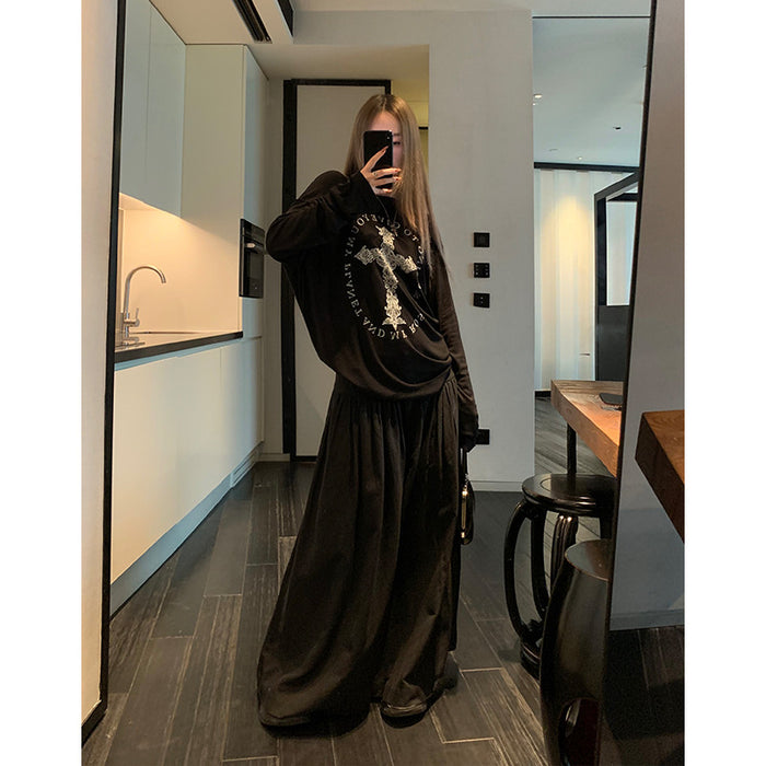 Wholesale Drapey raw edge printed long-sleeved loose T-shirt design mid-length for women