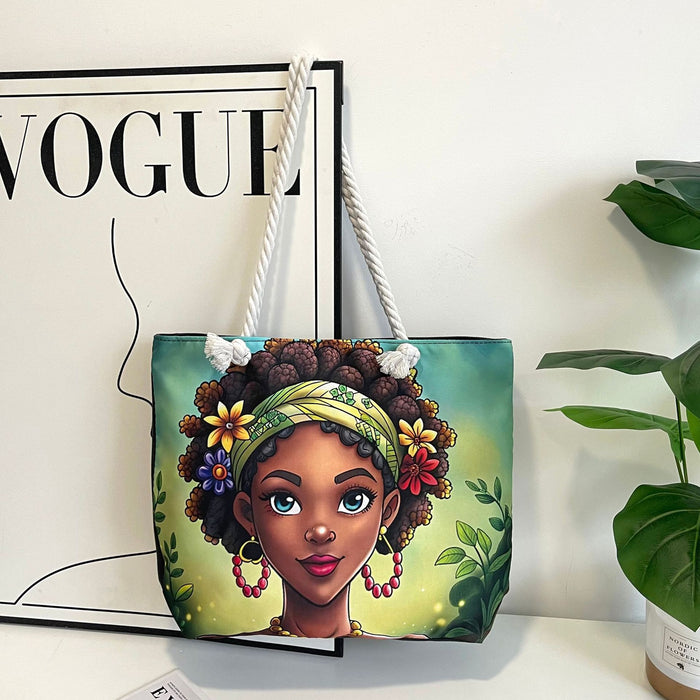 Wholesale Outdoor practical versatile retro canvas bag cartoon print portable beach bag large capacity