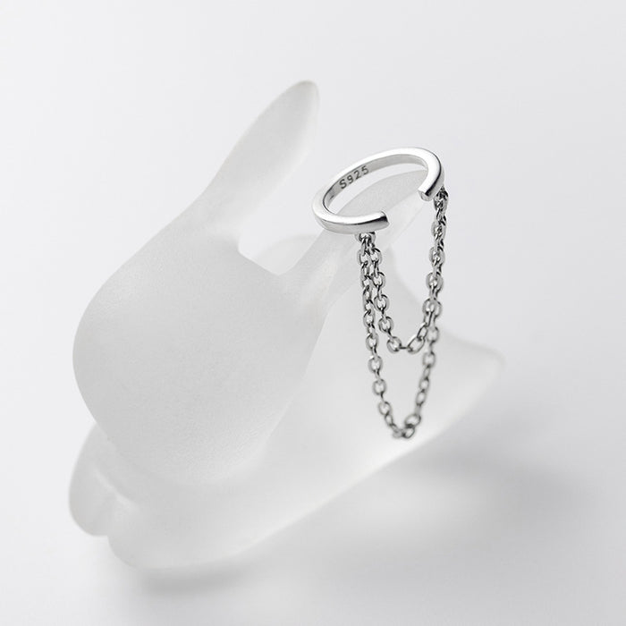 Wholesale Silver ear clip with smooth circular ring temperament, double-layer chain, compact tassel earrings