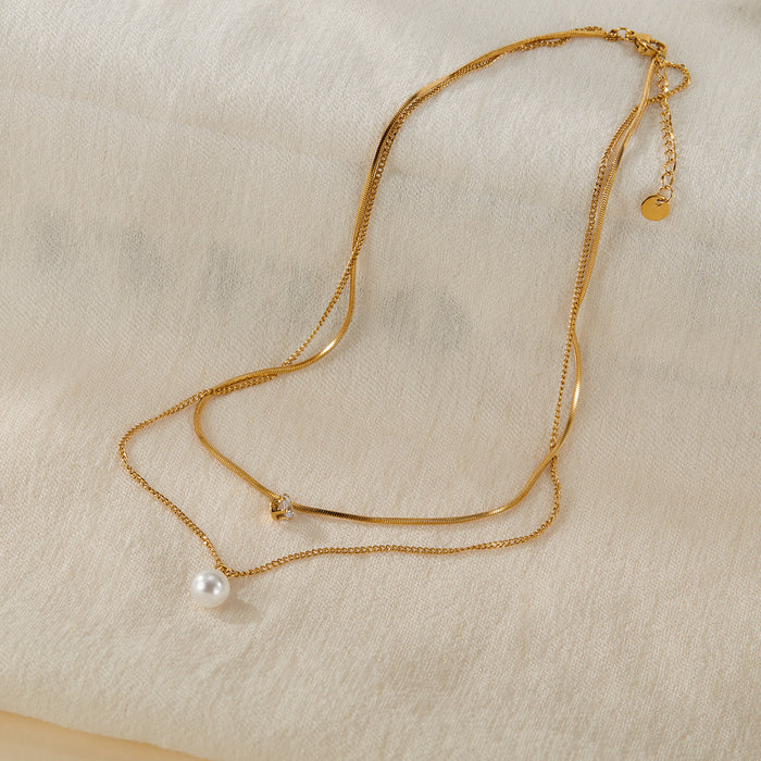 Wholesale Fashion necklace stainless steel temperament commuting pearl zircon double-layer layered collarbone chain