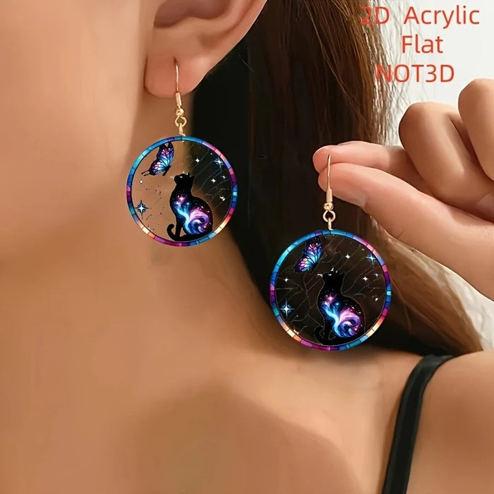 Wholesale Acrylic Bohemian Butterfly Cat Planet 2D Round Earrings - Party Wear Fashion Accessory