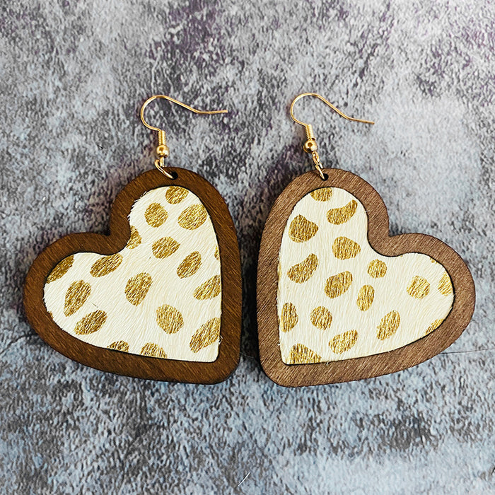 Wholesale  Valentine' s Day Genuine Leather Earrings Love Leopard Horse Hair Inlaid Wooden Earrings