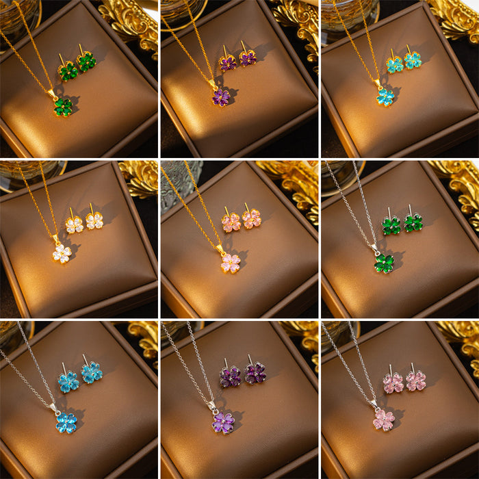 Wholesale Copper-set zircon four-leaf clover colored Titanium steel pendant necklace and earring set