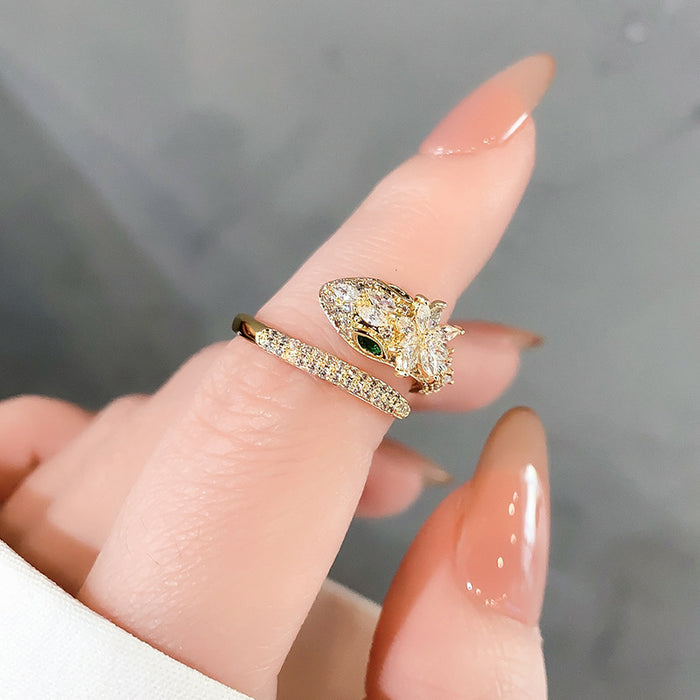 Wholesale Lotus Rhinestone Snake-Shaped Open Ring Light Luxury Personalized Exquisite Finger Ring Tide Year of the Snake Ring