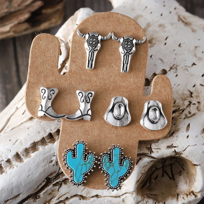 Wholesale Bull head boots,  hat,  earrings,  turquoise cactus four-piece set