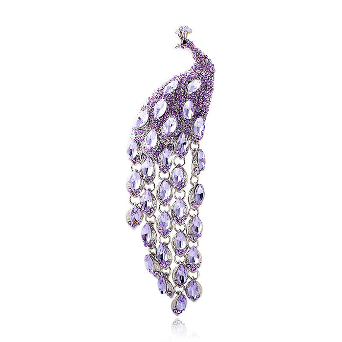 Wholesale Diamond-encrusted Retro large long-tail crystal peacock tassel brooch sweater jewelry