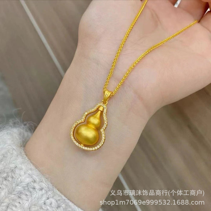 Wholesale Sand gold inlaid diamond gourd pendant necklace, female niche design, high-end 3D three-dimensional gold gourd pendant