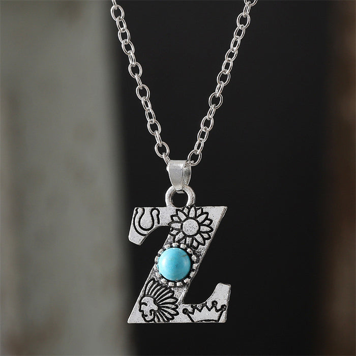 Wholesale 2pcs Retro 26 English Letter Turquoise Necklace