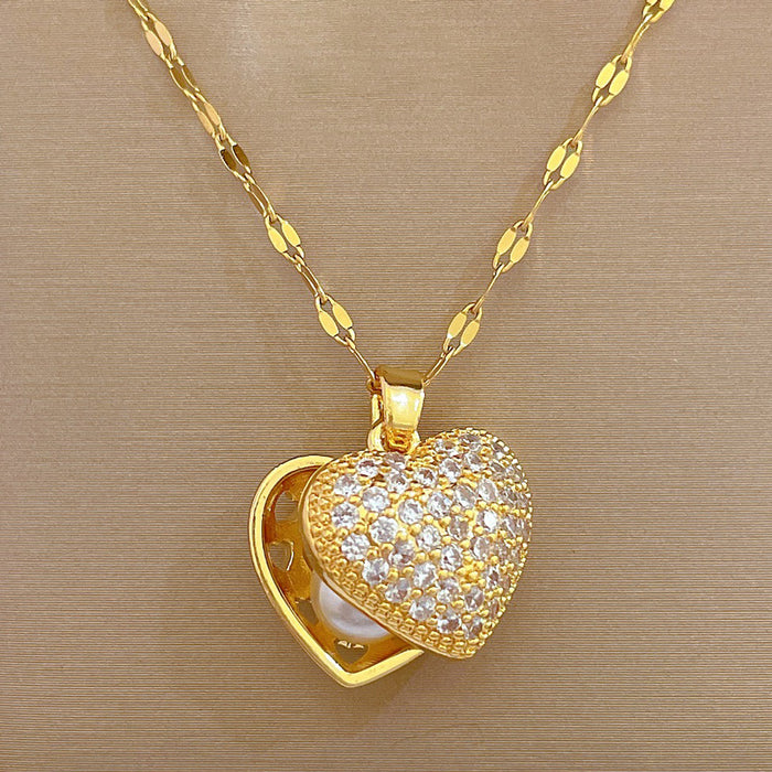 Wholesale Titanium Steel Gorgeous Heart Pearl Shell Necklace JDC-NE-LG051