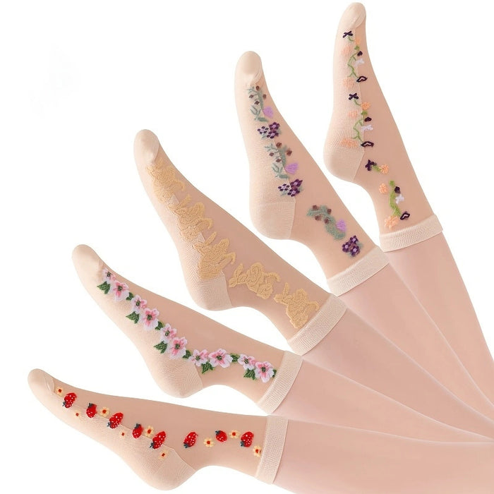 Wholesale mid-calf Crystal meat stockings spring and summer thin embroidered glass Silk women' s socks non-slip socks