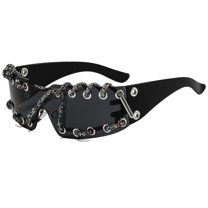 Wholesale Cyberpunk Rimless Rhinestone Sunglasses with Metal Rings and Rivets