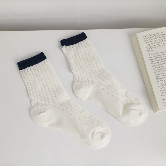 Wholesale Thin breathable cotton socks with hollowed out mesh eyes, tube socks, color blocked pile socks