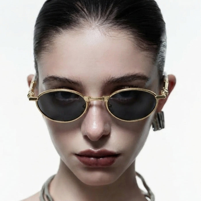 Wholesale Foldable Metal Oval Sunglasses with Rhinestones UV400 Gold Frame Gray Lens for Resale