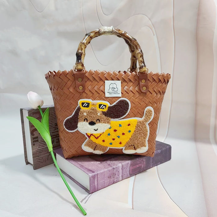 Wholesale Woven Basket Bag Shoulder Hand Bag Cute Rattan Cloth Cartoon Woven Bag