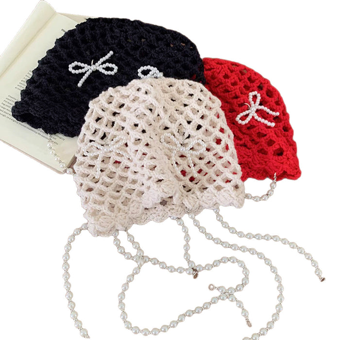 Wholesale Hollow out handmade crochet hat vintage pearl bow tassel travel versatile knitted hat