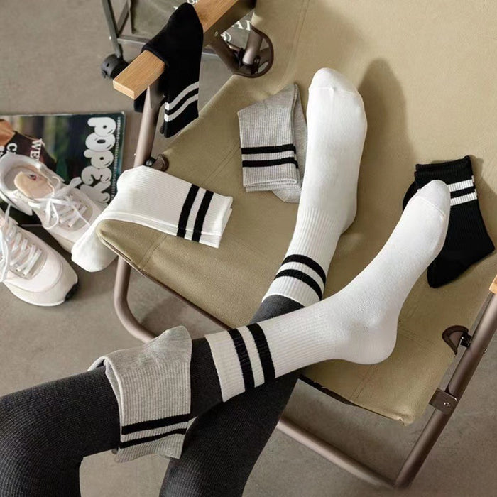 Wholesale Socks with parallel bars, mid length socks, pure cotton casual sports long socks