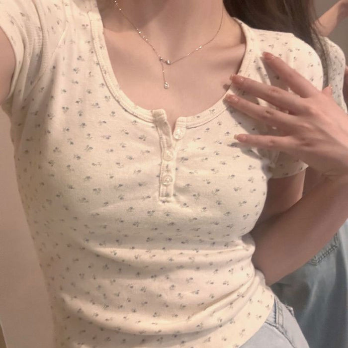 Wholesale Summer new floral short-sleeved right-shoulder crop top for women slimming and slimming bottoming