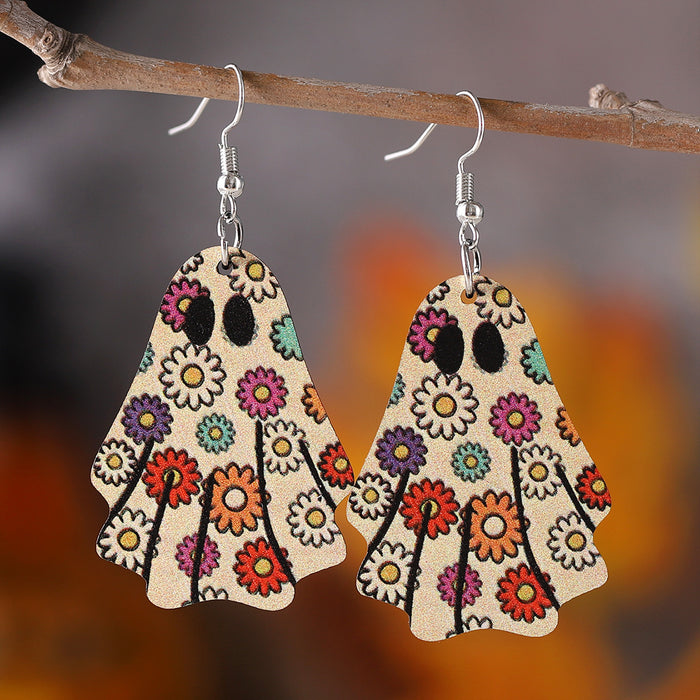 Wholesale  Gothic Style Cute Ghost Flower Book Pocket Ghost Pendant Wooden Double-Sided Earrings