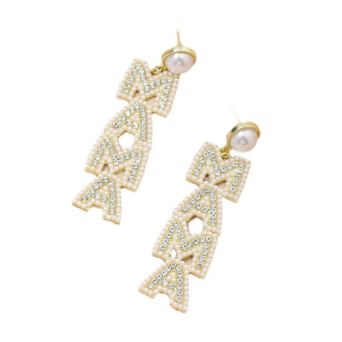 Wholesale Creative letter alloy jewelry with diamond inlaid pearl earrings, light luxury fashion long earrings