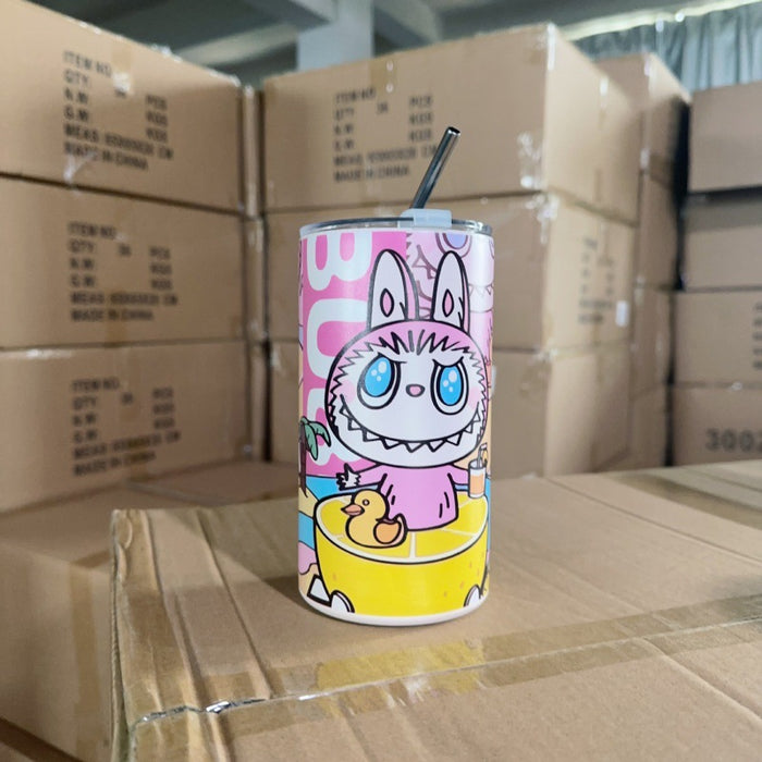 Wholesale stainless steel thermos cup printing cartoon high color value suction tube cup portable large capacity ice coffee cup